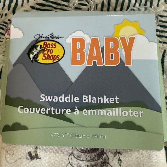 Bass Pro Shops Baby Swaddle Blanket 47"x47" Bee & Flower Print Bamboo/Cotton Ble - Picture 4 of 6